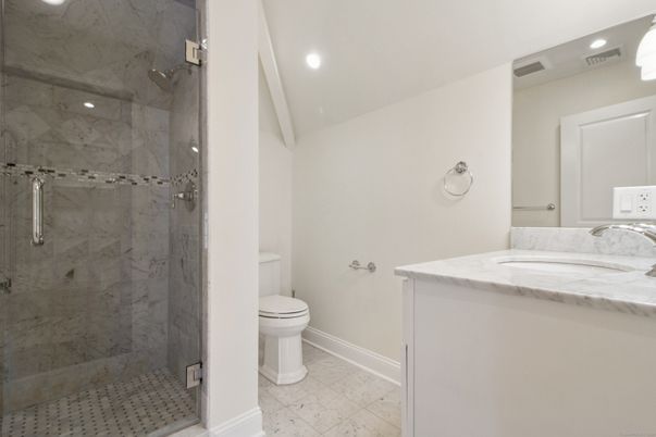 Bathroom, Glass Shower, Interior, Marble, Marble Walls, Recessed Lighting