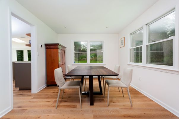 Dining room, Interior, Recessed Lighting, Wood Texture Flooring