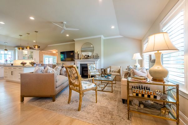 Fireplace, Interior, Kitchen, Living room, Pendant Lights, Recessed Lighting, Wood Texture Flooring