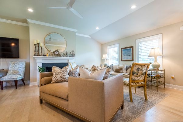 Dining room, Fireplace, Interior, Living room, Recessed Lighting, Wood Texture Flooring