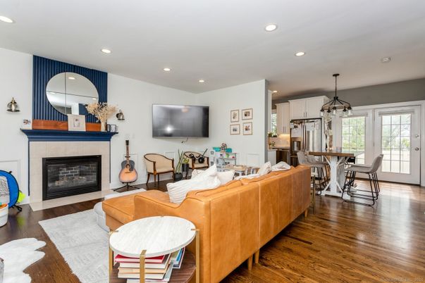 Dining room, Fireplace, Interior, Kitchen, Living room, Pendant Lights, Recessed Lighting, Wood Texture Flooring