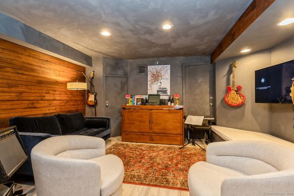 Interior, Living room, Recessed Lighting, Wood Texture Flooring, Wooden Walls