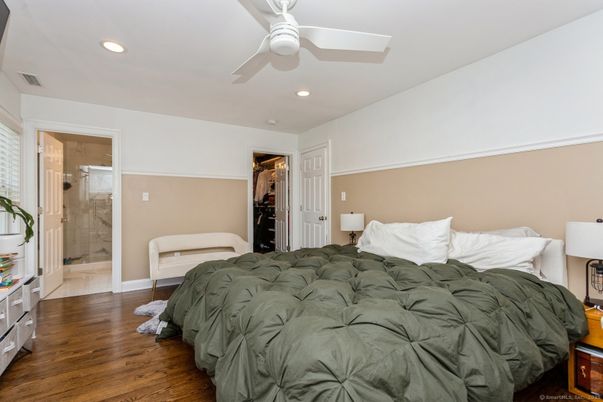 Bathroom, Bedroom, Glass Shower, Interior, Recessed Lighting, Wood Texture Flooring