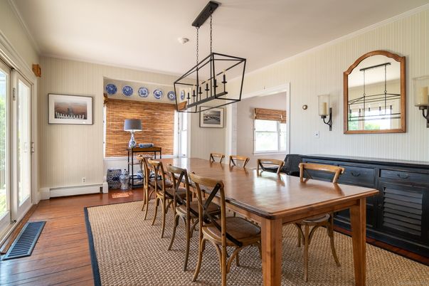 Dining room, Interior, Pendant Lights, Wood Texture Flooring