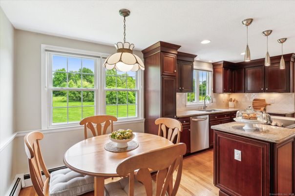 Dining room, Interior, Kitchen, Pendant Lights, Recessed Lighting, Wood Texture Flooring