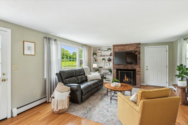 Fireplace, Interior, Living room, Stone Walls, Wood Texture Flooring