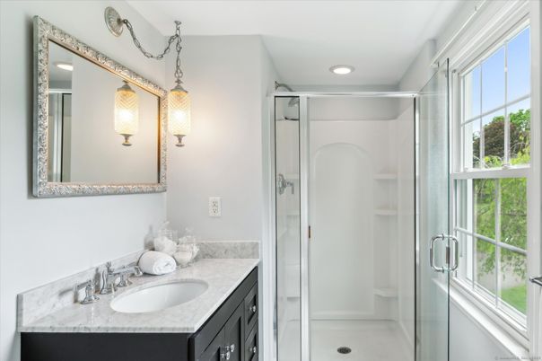 Bathroom, Glass Shower, Interior, Recessed Lighting