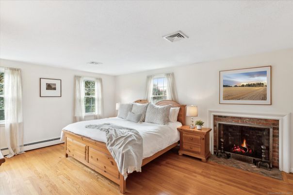 Bedroom, Fireplace, Interior, Wood Texture Flooring