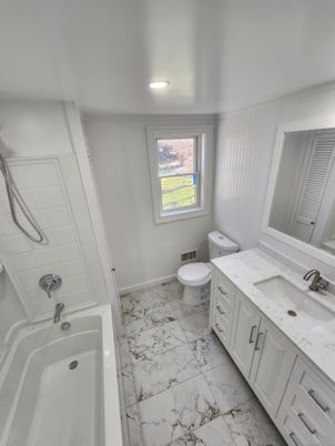Bathroom, Dual Sink Vanities, Interior, Marble, Recessed Lighting