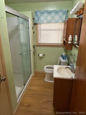 Bathroom, Glass Shower, Interior, Wood Texture Flooring