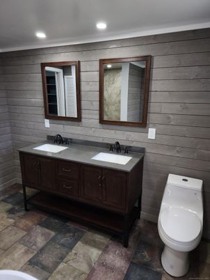 Bathroom, Dual Sink Vanities, Interior, Recessed Lighting, Wooden Walls