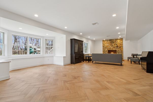 Fireplace, Interior, Recessed Lighting, Stone Walls, Wood Texture Flooring