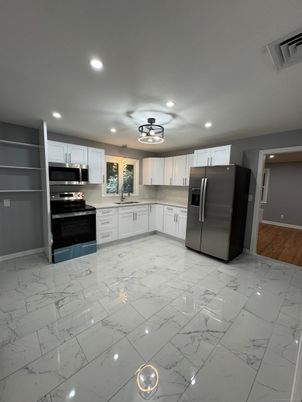 Interior, Kitchen, Marble, Recessed Lighting, Stainless Steel Appliances