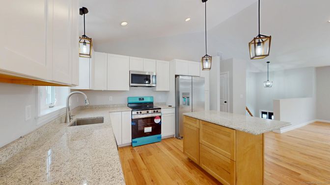 Interior, Kitchen, Pendant Lights, Recessed Lighting, Stainless Steel Appliances, Wood Texture Flooring