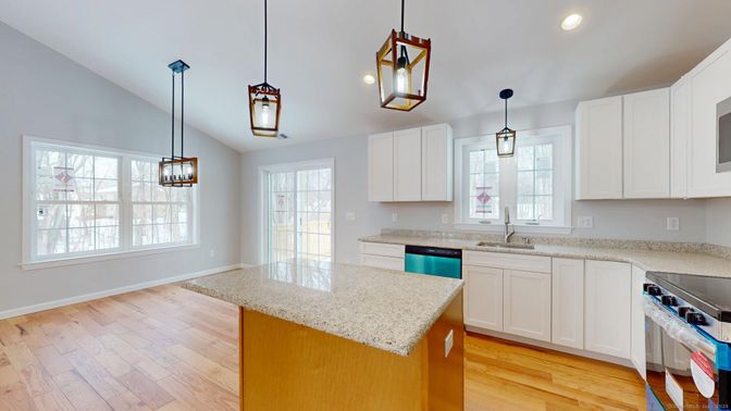 Interior, Kitchen, Pendant Lights, Recessed Lighting, Wood Texture Flooring