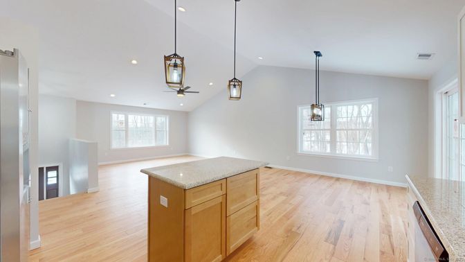 Empty room, Interior, Pendant Lights, Recessed Lighting, Wood Texture Flooring