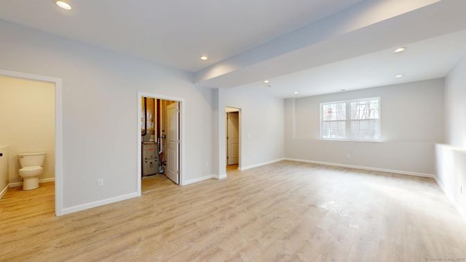 Bathroom, Empty room, Interior, Recessed Lighting, Wood Texture Flooring