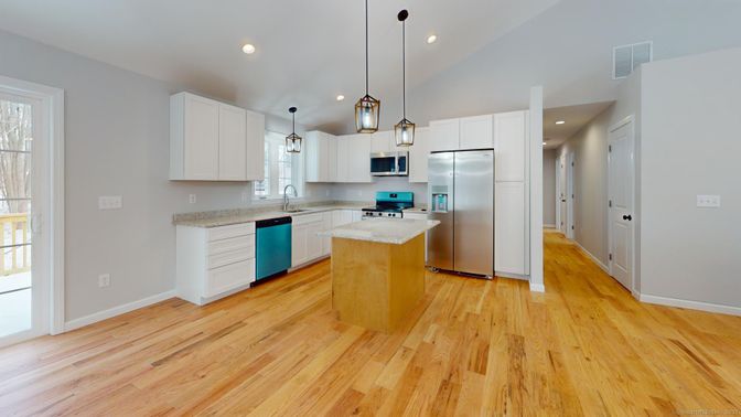 Interior, Kitchen, Pendant Lights, Recessed Lighting, Stainless Steel Appliances, Wood Texture Flooring