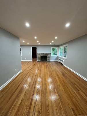 Empty room, Fireplace, Interior, Recessed Lighting, Wood Texture Flooring