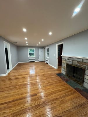 Empty room, Fireplace, Interior, Recessed Lighting, Wood Texture Flooring