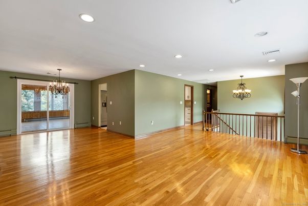 Chandelier, Empty room, Interior, Recessed Lighting, Wood Texture Flooring