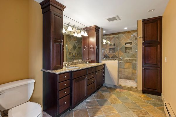 Bathroom, Dual Sink Vanities, Glass Shower, Interior, Recessed Lighting