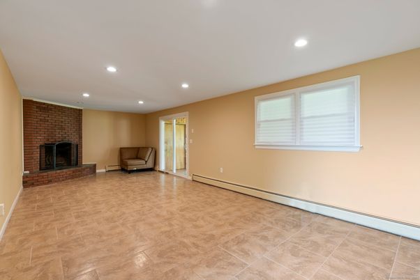 Empty room, Fireplace, Interior, Recessed Lighting, Stone Walls