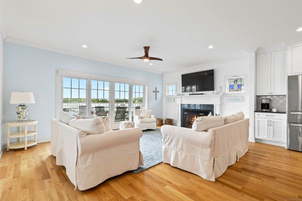 Fireplace, Interior, Kitchen, Living room, Recessed Lighting, Stainless Steel Appliances, Wood Texture Flooring
