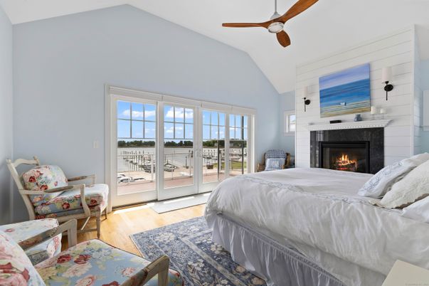 Bedroom, Fireplace, Interior, Water, Wood Texture Flooring
