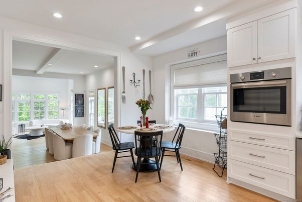 Dining room, Interior, Kitchen, Recessed Lighting, Stainless Steel Appliances, Wood Texture Flooring