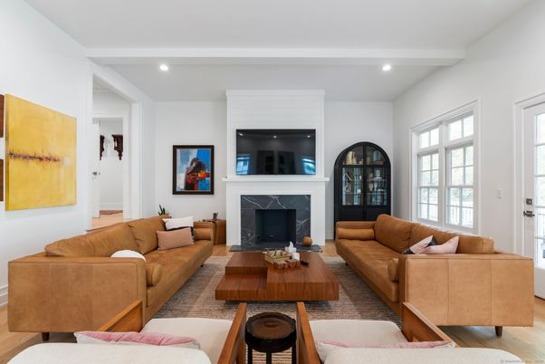 Fireplace, Interior, Living room, Recessed Lighting, Wood Texture Flooring