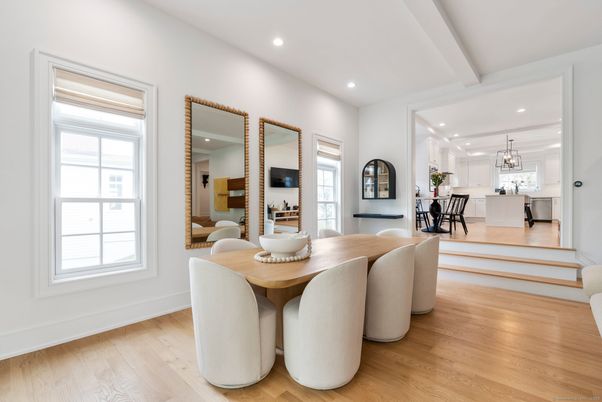 Dining room, Interior, Kitchen, Pendant Lights, Recessed Lighting, Wood Texture Flooring