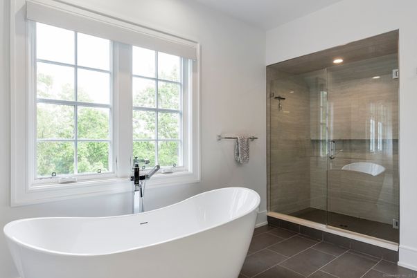Bathroom, Free Standing Baths, Glass Shower, Interior, Recessed Lighting