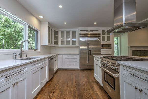 Interior, Kitchen, Recessed Lighting, Stainless Steel Appliances, Wood Texture Flooring