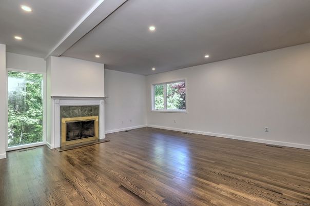 Empty room, Fireplace, Interior, Recessed Lighting, Wood Texture Flooring