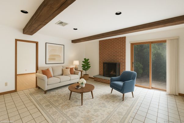 Fireplace, Interior, Living room, Recessed Lighting, Stone Walls, Wooden Beams