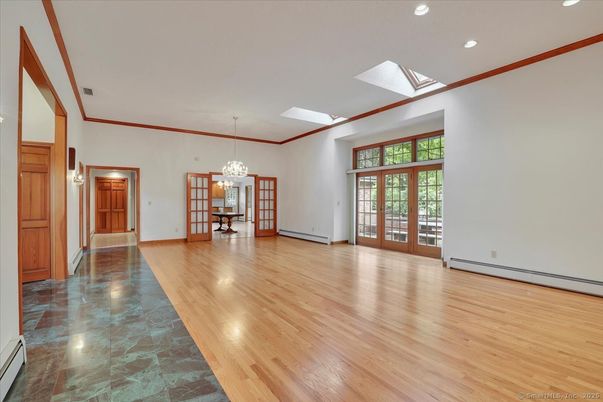 Chandelier, Empty room, Interior, Recessed Lighting, Wood Texture Flooring