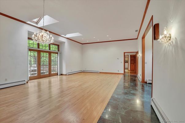 Chandelier, Empty room, Interior, Recessed Lighting, Wood Texture Flooring