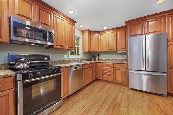 Interior, Kitchen, Recessed Lighting, Stainless Steel Appliances, Wood Texture Flooring