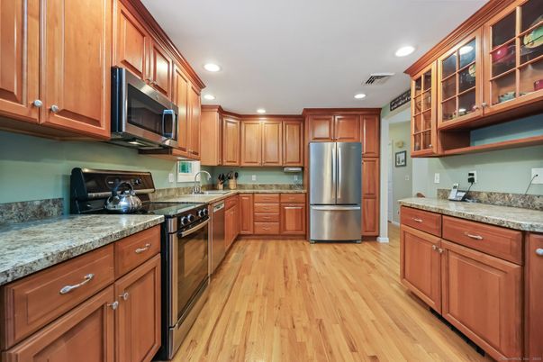 Interior, Kitchen, Recessed Lighting, Stainless Steel Appliances, Wood Texture Flooring