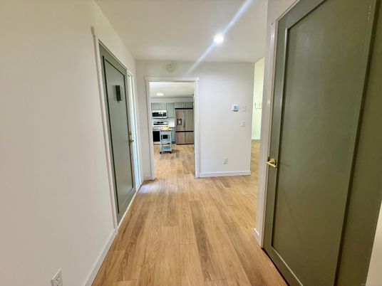 Interior, Kitchen, Recessed Lighting, Stainless Steel Appliances, Wood Texture Flooring