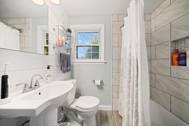 Bathroom, Interior, Marble Walls, Wood Texture Flooring