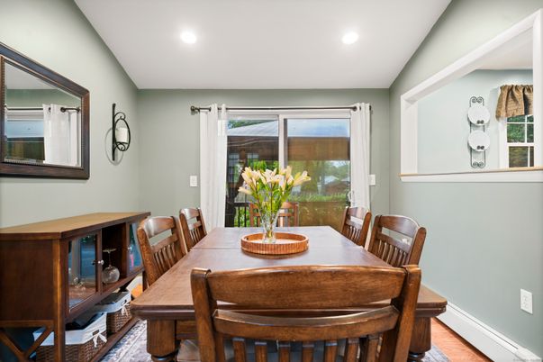 Dining room, Interior, Recessed Lighting, Wood Texture Flooring