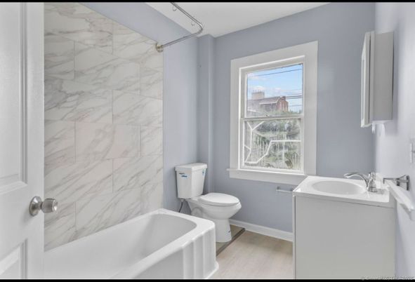 Bathroom, Interior, Marble Walls, Wood Texture Flooring