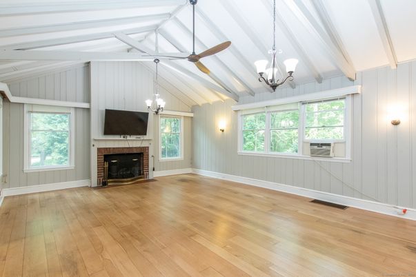 Chandelier, Empty room, Fireplace, Interior, Pendant Lights, Wood Texture Flooring