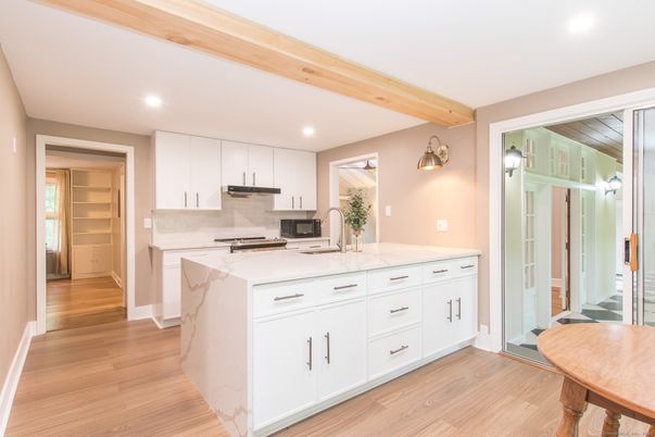 Interior, Kitchen, Recessed Lighting, Wooden Beams, Wood Texture Flooring