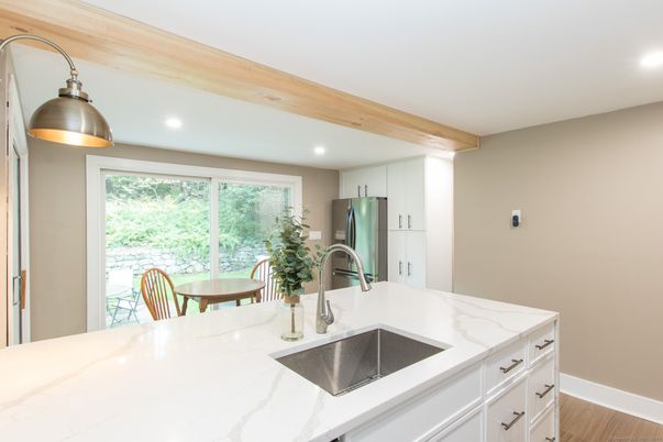 Interior, Kitchen, Recessed Lighting, Wooden Beams, Wood Texture Flooring