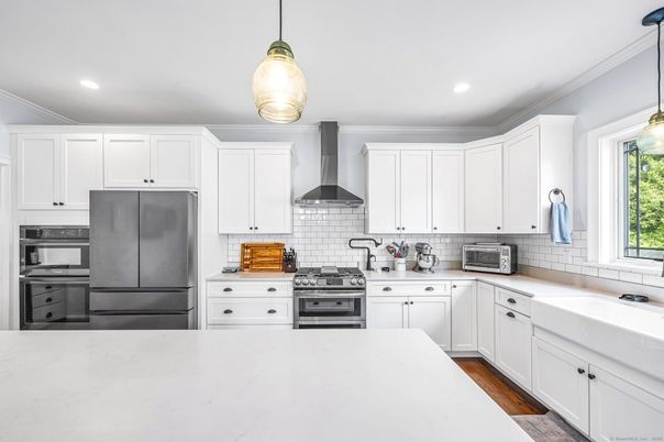 Interior, Kitchen, Pendant Lights, Recessed Lighting, Stainless Steel Appliances, Wood Texture Flooring