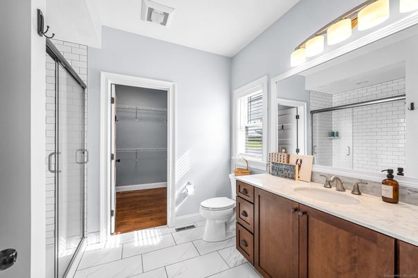 Bathroom, Glass Shower, Interior, Marble, Wood Texture Flooring