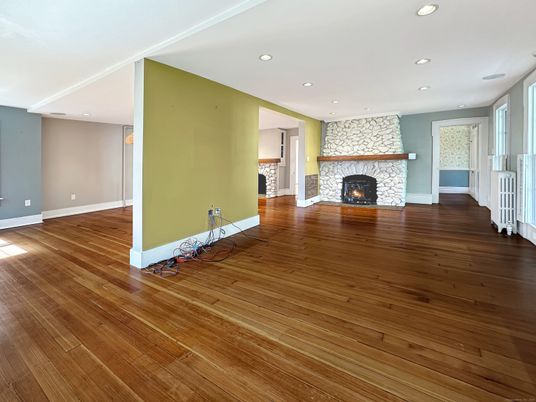 Empty room, Fireplace, Interior, Recessed Lighting, Wood Texture Flooring